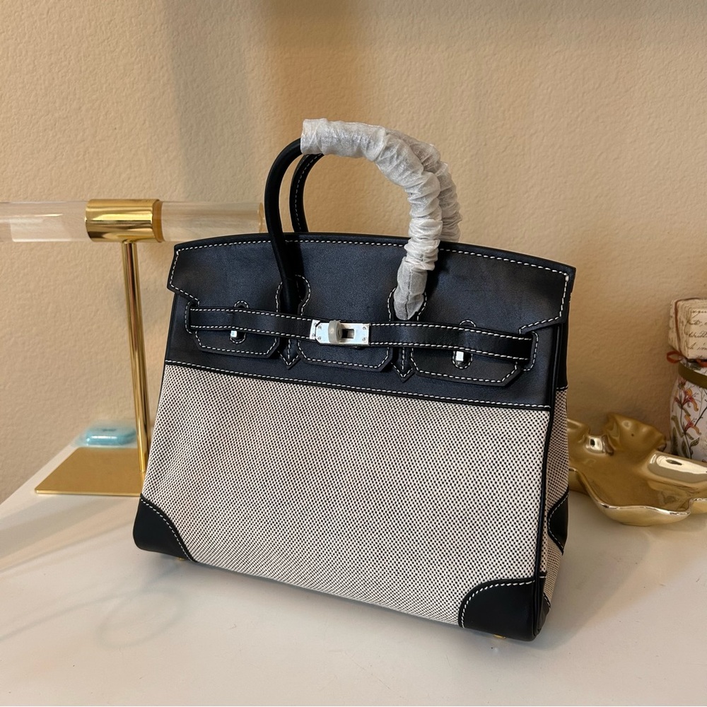 25cm Leather & Canvas Combo Black Satchel